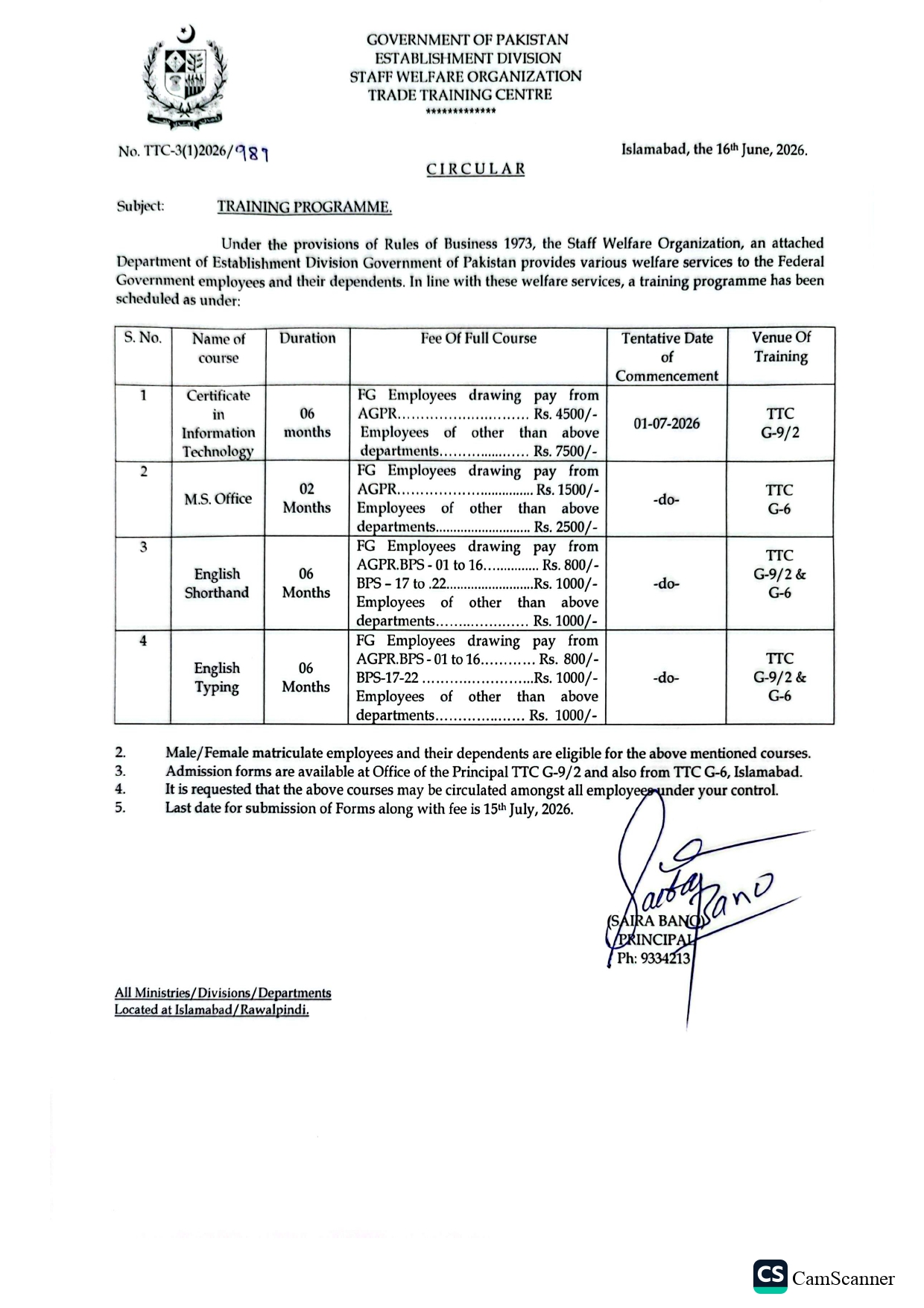 Admission Circular June 2026